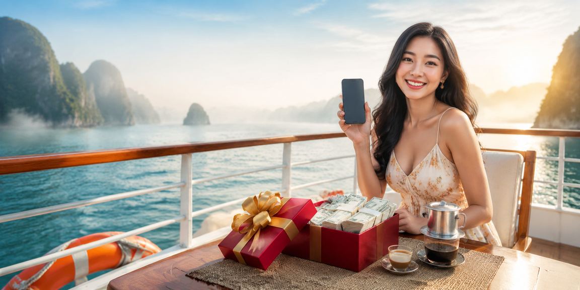 Người dùng tại Vịnh Hạ Long truy cập casino và theo dõi giải thưởng qua điện thoại bên ly cà phê