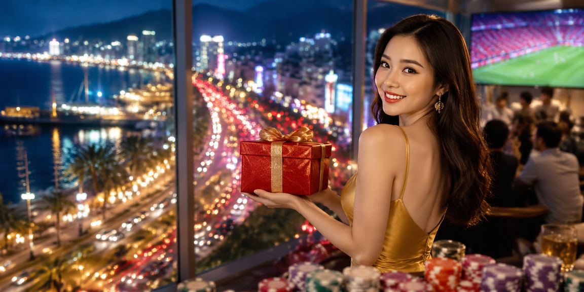 Màn hình slot game với hiệu ứng neon lung linh tại khu vực Nha Trang về đêm